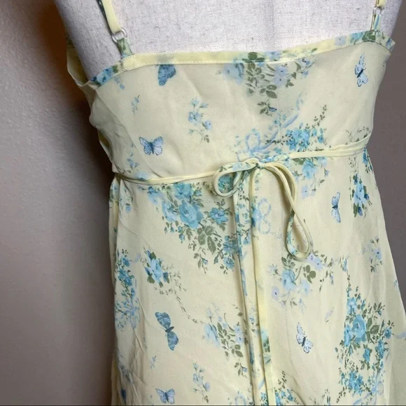 Vintage Y2K Fairycore Pale Yellow & Blue Floral Butterfly Chiffon Slip Dress - Picture 5 of 6
